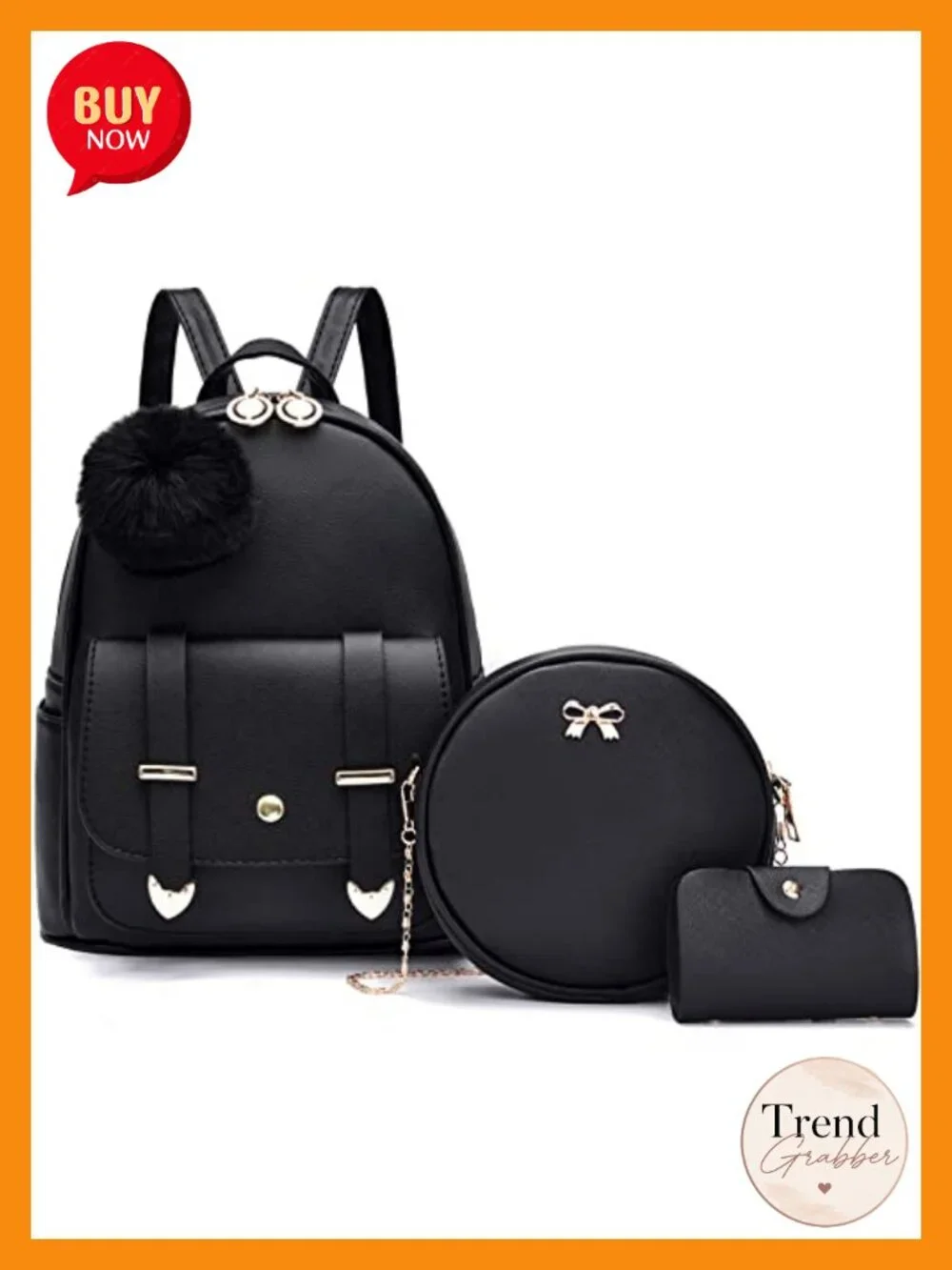 Faux Leather Mini Backpack Purse Set - 3 Piece Daypack with Pompom